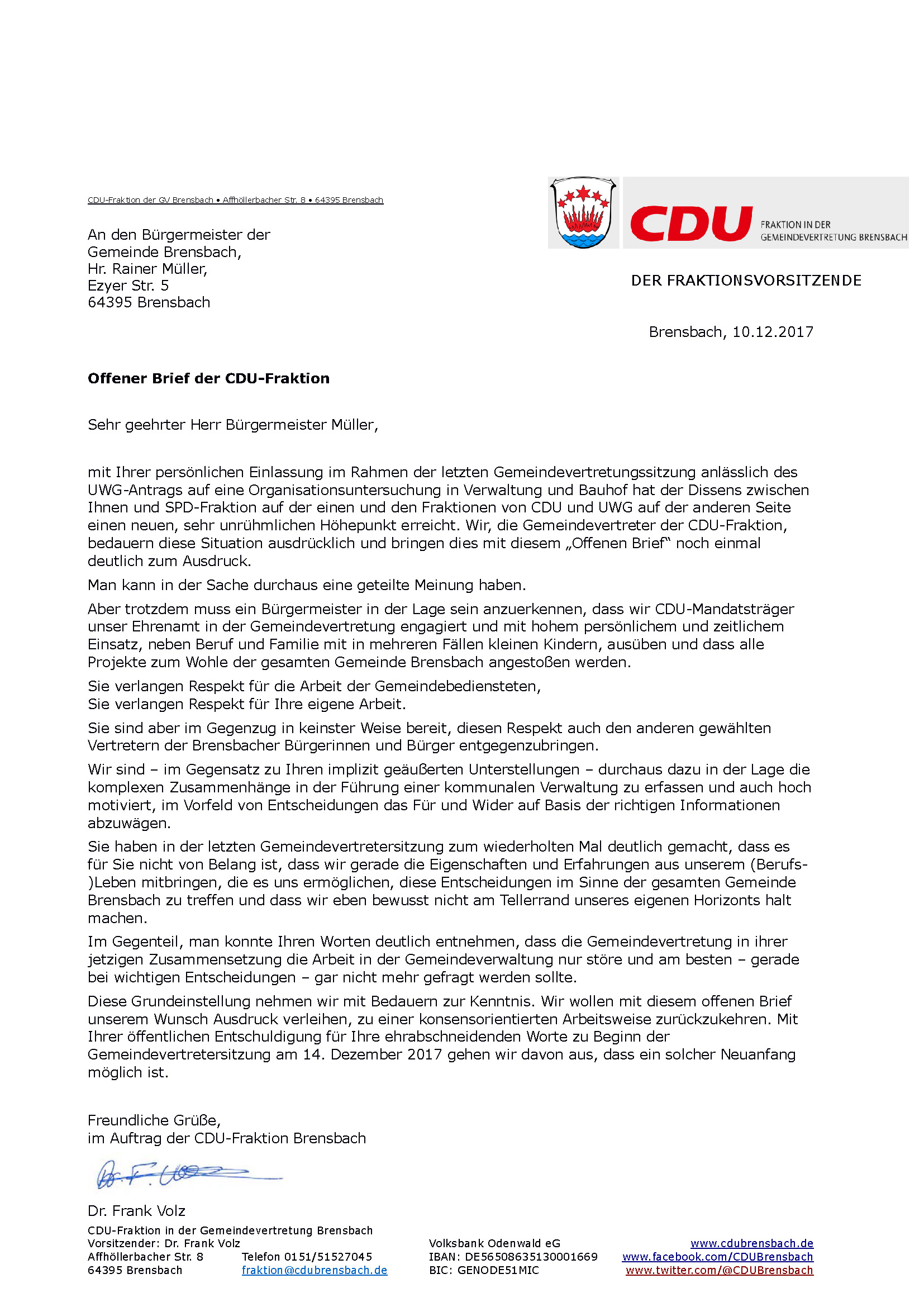 Offener Brief an Bürgermeister Müller
